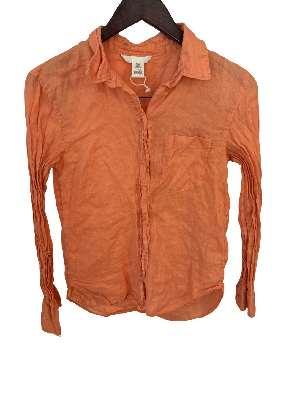 H&M Orange 100% Linen Button Down Long Sleeve Shirt Pocket Top Summer Casual XS